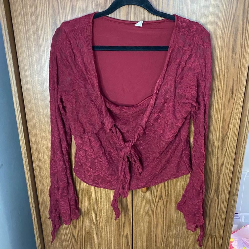 SHEIN Lace Tie Front‎ Top Womens XL Burgundy Long Bell Sleeve Cropped